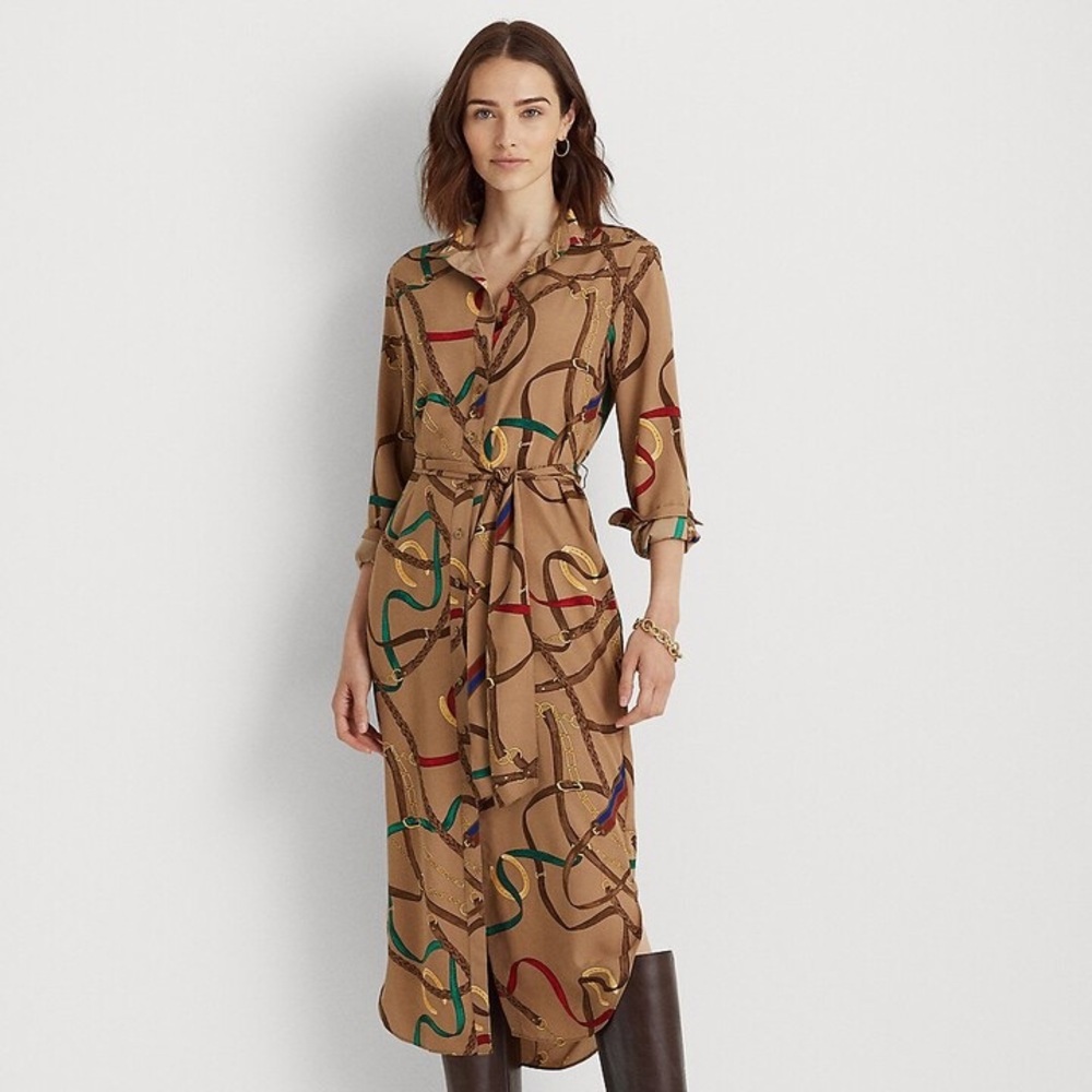 Lauren Ralph Lauren Womens Belting-Print Crepe Shirtdress chain Design Tan SZ 6p
